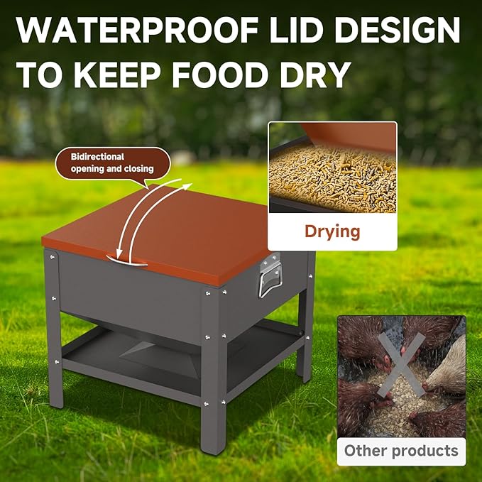 Heavy-Duty Automatic Chicken Feeder 80 lbs Capacity, No-Waste Gravity Poultry Feeder with Lid, Waterproof Galvanized Steel Feeding Box for Hens, Up to 16 Chickens for Coop & Run Use(Orange)