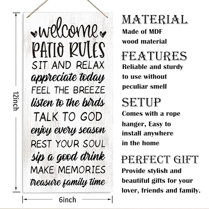 Welcome Patio Rules Sign, Family Sign, Home Patio Decoration, Decorative Wood Hanging Wood Plaque, Home Party Decor, Wall Decor Art, Family Party Decor Ornaments