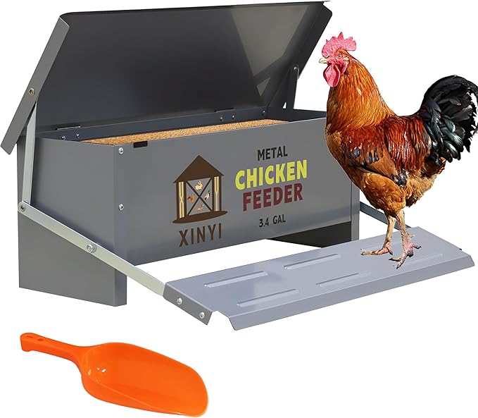 XINYI Chicken Treadle Feeder,25 Lbs Metal Treadle Feeder, No Waste & Rodent Proof Chicken Feeder with Weatherproof Lid, Suitable for Bantams, Poultry, Pheasants - 3.4Gallon Capacity