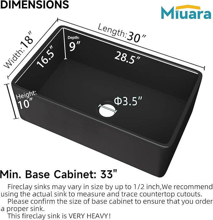 Miuara Black Farmhouse Sink 30 Inch - Apron Front Undermount Kitchen Sink Reversible 30"x18"x10", Farm House Style Single Bowl, Heavy Duty Solid Fireclay, Matte Black, for Kitchen