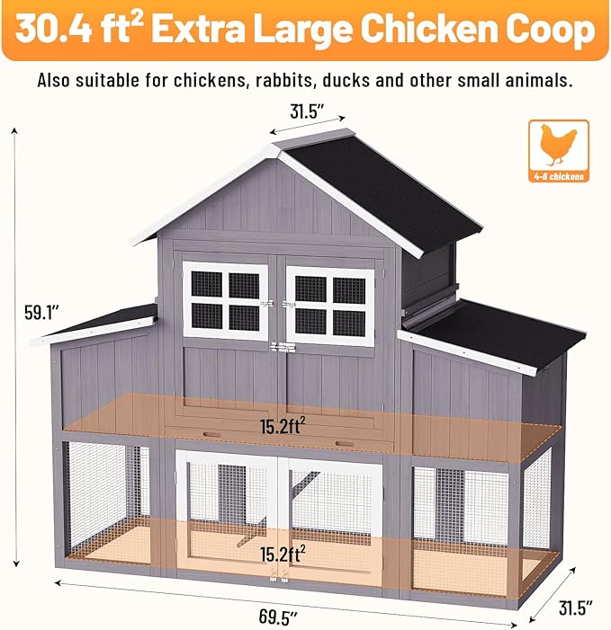 69.5''L Chicken Coop, Extra Large Poultry Cage for 6-10 Chickens, Outdoor Hen House Design with 2 Nesting Box, Weatherproof Roof and Leakproof Pull-on Tray, Easy to Install＆Clean(Gray)