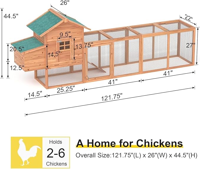 Outdoor Chicken Coop Wooden Hen House Poultry Pet Hutch Run Cage w/Waterproof Asphalt Roof, Ramp, Nesting Box, Wire Fence 121"