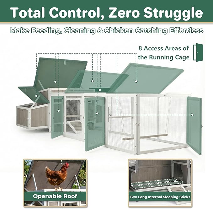 PetsCosset 106" Chicken Coop with Run, Large Chicken Tractor Outdoor Hen House for 2-6 Chickens with 4 Nesting Boxes, 4 Roosting Bars, Openable Roof, Fun Swing Pull-Out Tray for Farm Yard