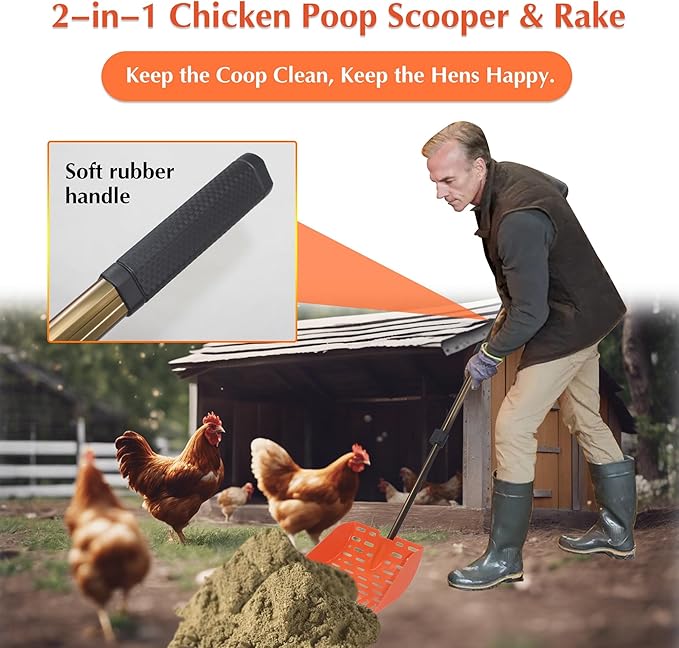 Chicken Dog Poop Scooper & Rake 2-in-1 Telescopic Chicken Litter Scoop for Chicken Coops & Small Farm Animals Sand Sifting Litter Shovel (Orange)