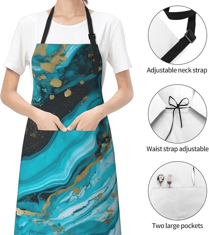Aprons for Women with Pockets Waterproof Apron Adjustable Bib Turquoise Blue Gold Marble Apron Chef Apron