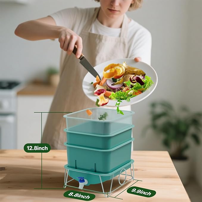 3-Tray 15L Worm Farm Composting Bin with Tool Set - Efficient Indoor/Outdoor Composter for Organic Waste Recycling, Beginner-Friendly Kit for Healthier Plants (Green)