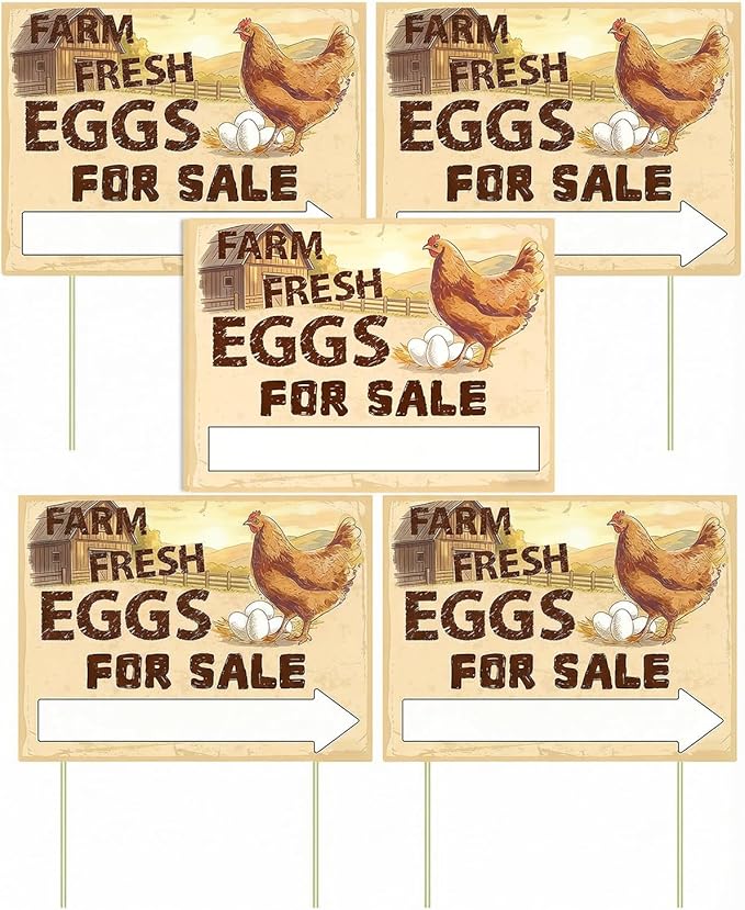5-Pack Double Sided Farm Fresh Eggs Sale Signs with 10 Reinforced Fiberglass Stakes for Backyard Chicken Farm Advertising,16x12"
