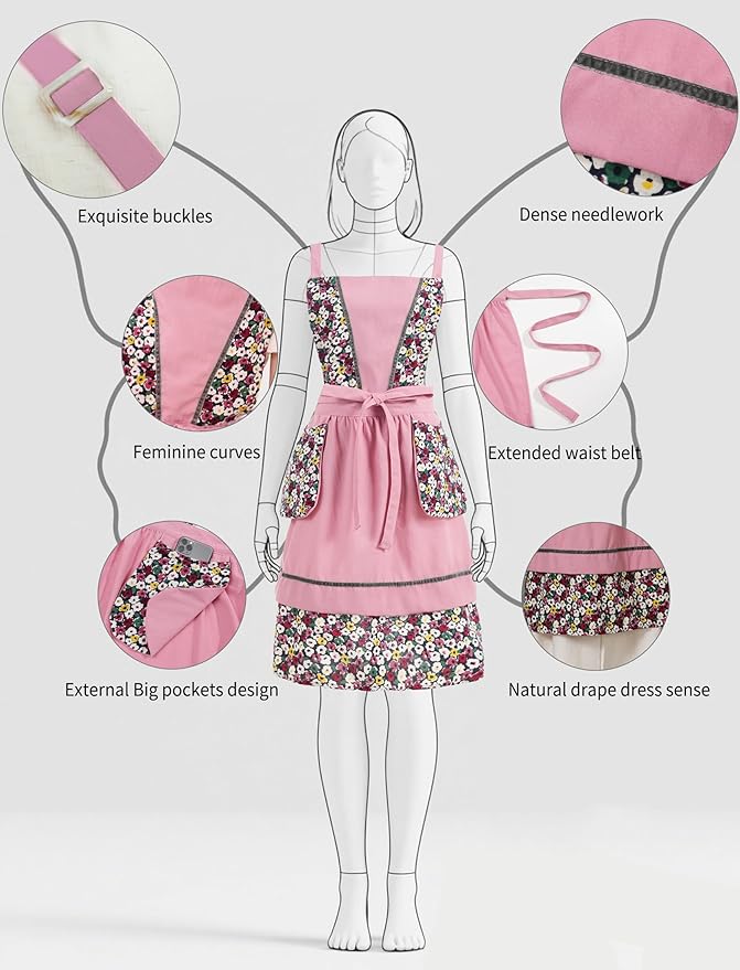 Kitchen Aprons for Women with Pockets Cute Vintage Chef Pinafore Apron for Gardening Cooking Baking Painting