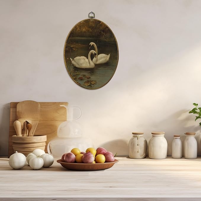 CUANFDDSF Vintage Swan Oval Wall Art Decor, Modern Farmhouse Swan Wall Hanging Decor, Moody Cottagecore Farmhouse Antique Animal Framed Canvas Prints for Home Bedroom Living Room, 8.6x11.4 Inch