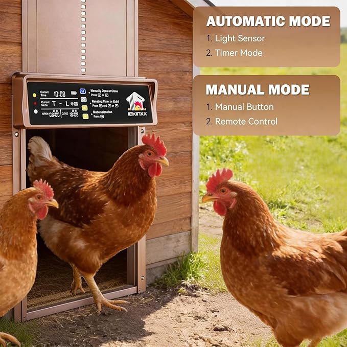 Automatic Chicken Coop Door Solar Powered, LCD Display Chicken Door with Timer & Light Sensor, 4 Modes Automatic Chicken Door Solar, Anti-Pinch & Weather Proof Coop Door with Remote Control