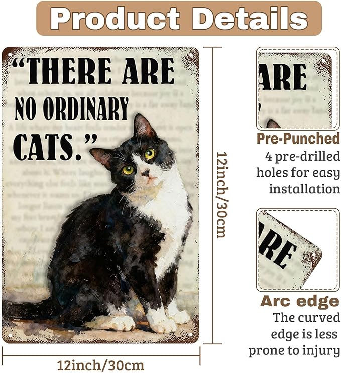Funny Black Cat Tin Sign ‘There Are No Ordinary Cats’ Vintage Metal Wall Art 8x12 Inch Home Decor For Kitchen Bar Office For Cat Lovers Gift