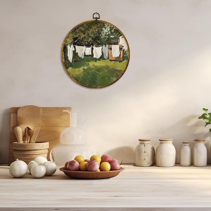 CUANFDDSF Vintage Rustic Farmhouse Round Wall Art, Country Laundry Day Framed Hanging Wall Decor, Retro Cottagecore Landscape Canvas Prints Decorations for Washroom Bathroom Laundry Room, 10x10 Inch