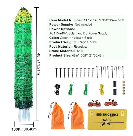 Electric Fence Netting 48"x100ft, Portable Animal Fencing Kit w/Posts & Stakes for Chickens, Ducks, Rabbits - Farm & Backyard Protection