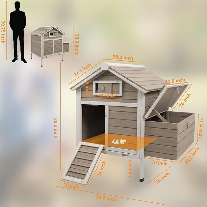 Chicken Coop Rabbit Hutch with Removable Trays,Raised Floor Hen House with Nesting Box,Wooden Outdoor Poultry Cage Pet House with Ramp Run Hen Cage for Garden Backyard(Grey)