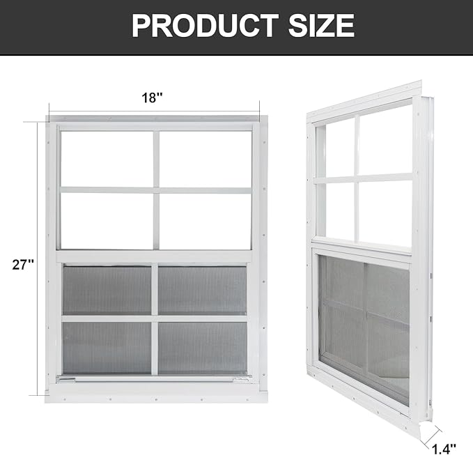 Yuzzy 18" x 27" Shed Windows with Tempered Glass and Fiberglass Screen, 2 Pack Small Sliding Windows for Shed, Chicken Coop, Playhouse, Household, Garage, Barns (White)