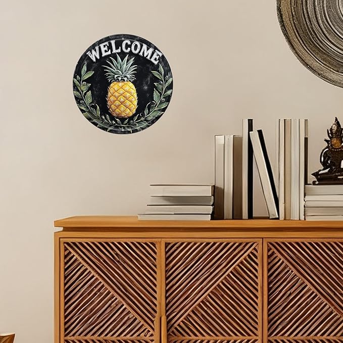 Welcome Pineapple Round Metal Tin Sign Wreath Vintage Farmhouse Wall Decor for Home Living Room Kitchen Dining Bedroom 12x12inch