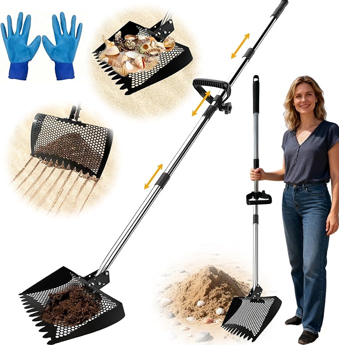 Large 12-Inch 2-in-1 Chicken Poop Scooper & Rake with Handle, Heavy-Duty Metal Chicken Coop Scoop for Sand(35-68"), Chicken Coop Rake Cleaning Tools, Sifting Shovel Goat, Chicken Cleaning Tools