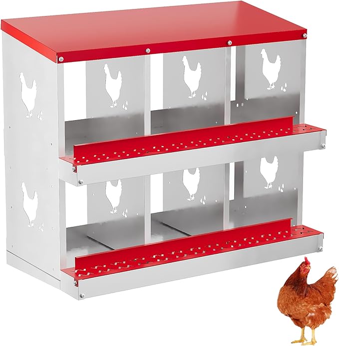 Metal Nesting Boxes for Chickens - 6 Compartments Chicken Roosting Boxes, Chicken Coop Nest Box with Perch & Lid - Versatile Wall Mount or Free Standing for Backyard Flocks, Homesteads, Farms
