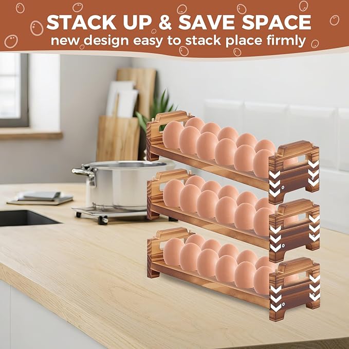 Wooden Egg Holder Countertop, 3 Layer Stackable Fresh Egg Display Storage Rack Organizer Farmhouse Egg Storage Basket with Handles Fits Duck, Turkey, Chicken Eggs