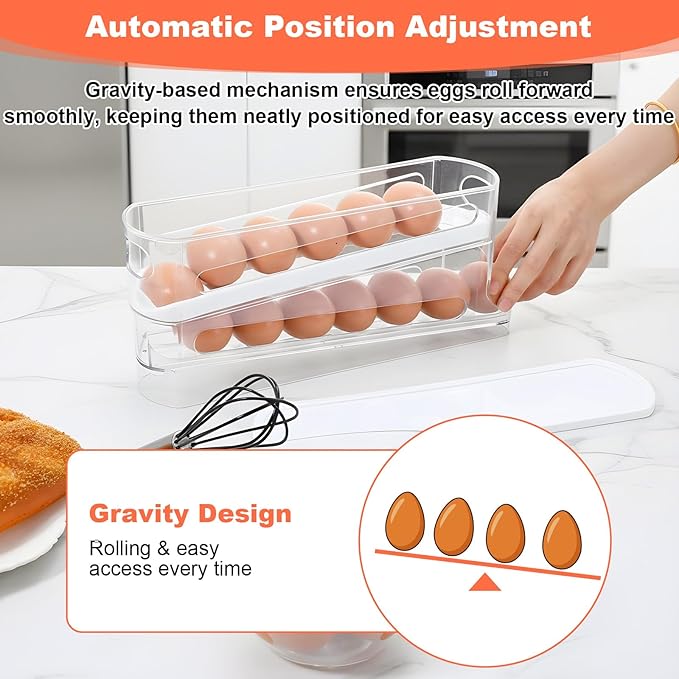 Egg Holder for Fridges 2 Pack, Auto Rolling Fridge Egg Carton 14 Grid Space Saving Clear Eggs Storage Box Eggs Dispenser Rolls Stackable Container with Lid for Fridge and Kitchen Cabinet