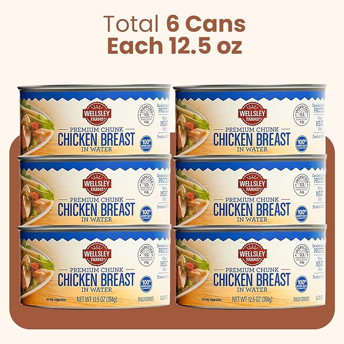 Wellsley Farms Premium Chunk Chicken Breast in Water, Fully Cooked Boneless Skinless, For Prepared Meals, Salads, Sandwiches & More, Canned, 12.5 oz Cans, 6-Pack