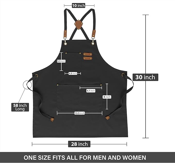RUVANTI Work Apron for Men, Oil & Water Repellent, Poly Cotton Cross Back Aprons for Women with Pockets, Adjustable up to XXL