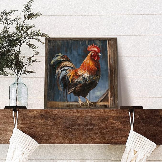 Rooster Wooden Wall Art Decor: Farm Animal Picture Country Cock Framed Artwork Farmhouse Chicken Painting is the Perfect Combination of Energy Nature for the Kitchen Country House Bedroom 16"x16"