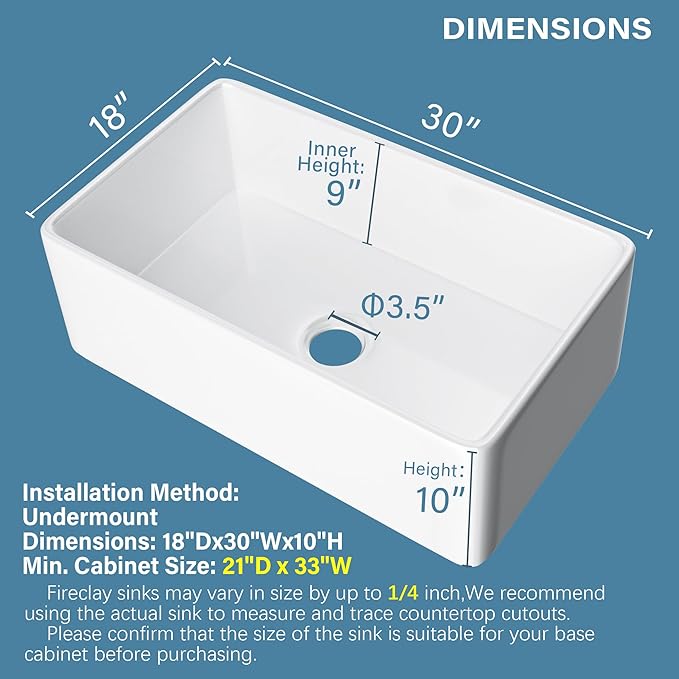 White Farmhouse Sink 30 x 18 Inch, Firecaly Apron Front Undermount Farm Kitchen Sink Single Bowl, with Custom Accessories 2 Types, for Kitchen, Laundry, Small Space
