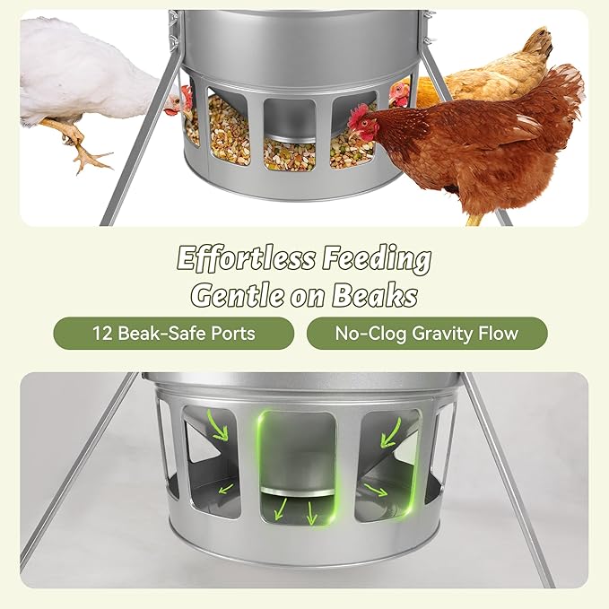 KOL Metal Chicken Feeder - 20lbs No Waste Chicken Feeder with 12 Ports, Powder Coated Rust-Proof Design & Smooth Edges for Safe Feeding (Silver)