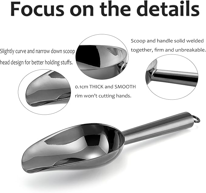 Mini Ice Scoop Set of 8, E-far 3 Ounce Platinum Black Stainless Steel Scoops for Candy/Flour/Sugar, Small Metal Scoops for Party/Canisters Jars/Kitchen Bar/Ice Maker, Rust Proof & Dishwasher Safe