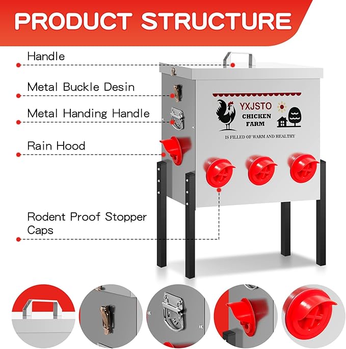 50LB Automatic Chicken Feeder with 8 Ports, Heavy Duty Metal No-Waste Poultry Feeder, Rustproof & Weatherproof Chicken Feeder with Adjustable Legs & Locking Lid