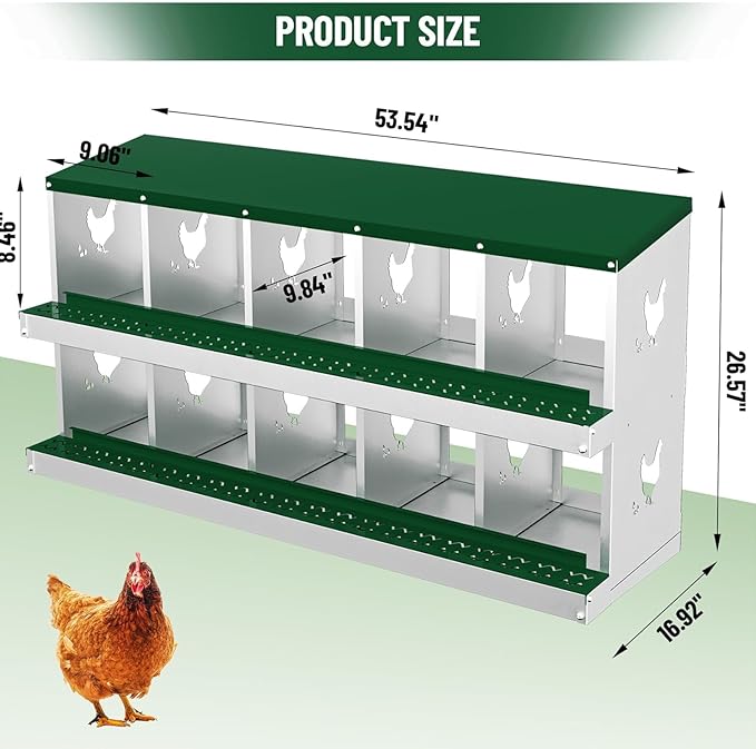 Chicken Nesting Box, 10 Compartment Metal Chicken Nesting Boxes for Chicken Coop, Large Vented Holes Chicken Laying Boxes with Rollout Egg Collection, Wall Mount Chickens Coops