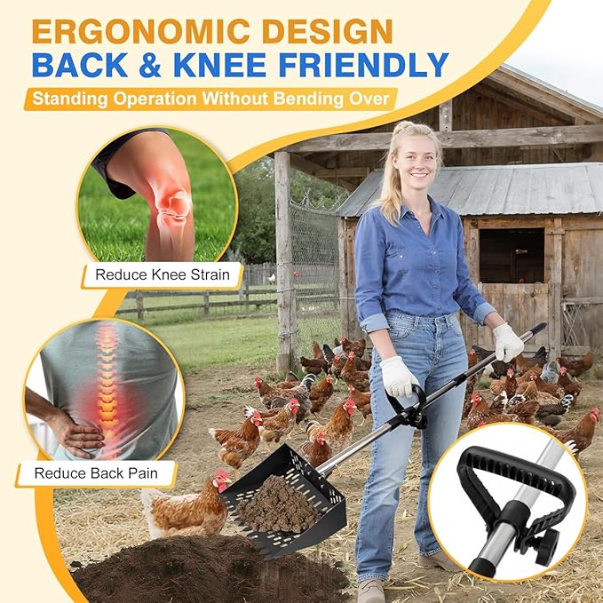 Chicken Poop Scooper for Sand 2-in-1 with Ergonomic Grip, 22 to 64" Adjustable Handle for Chicken Coop Scoop, Large 10 Inch Litter Sifting Shovel with Rake, Cleaning Tools for Coops & Animal Farm