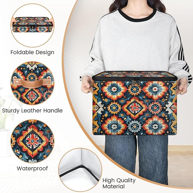 Retro Boho Ethnic Storage Bins with Zipper Lid Fabric Storage Containers for Clothes Collapsible Closet Storage Basket with Metal Frame 1 Pack
