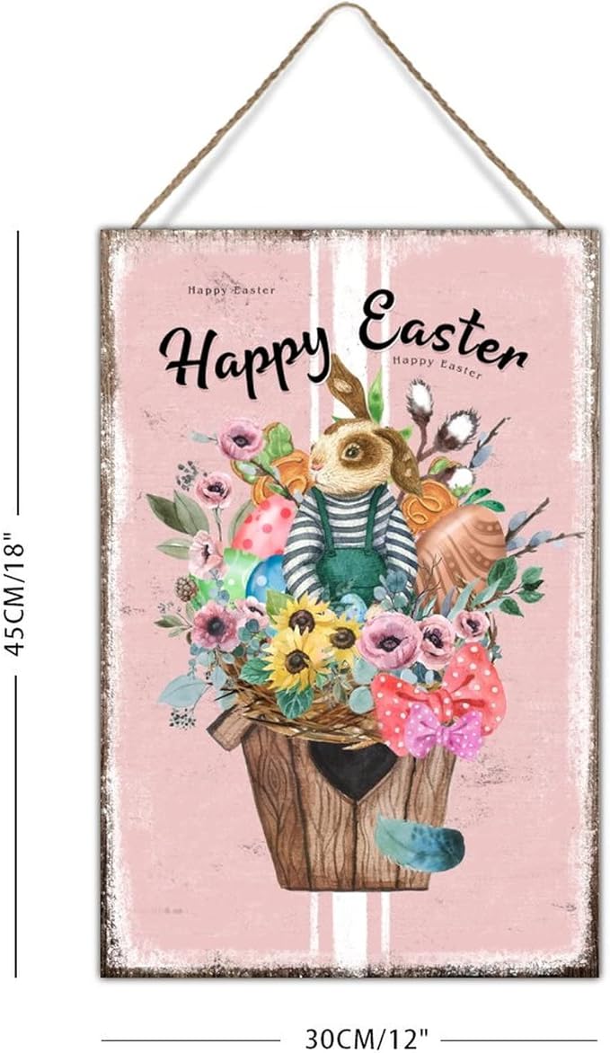 Happy Easter Flower Basket Bunny Signs Wood Decor French Style Floral Pink Stripes Wood Wall Plaque Spring Easter Greetings Sign Wall Decor Kitchen Laundry Room Wall Decor 12x18in