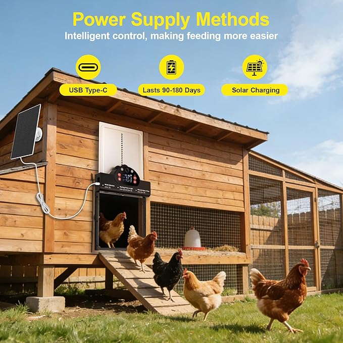 Solar Powered Automatic Chicken Coop Door with 2K Camera, 10m Night Vision Alarm, IP65 Wireless Auto Opener, 6-Month Battery Life, APP Control & 2-Way Audio, Anti-Pinch Safety Design