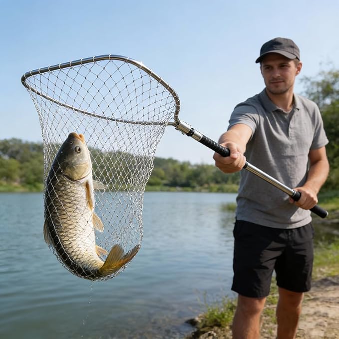 Heavy Duty Stainless Steel Animal Catch Net with Telescoping Handle, 50cm Large Square Head & Dual Lock System, Adjustable Length for Farm Garden and Rescue Use