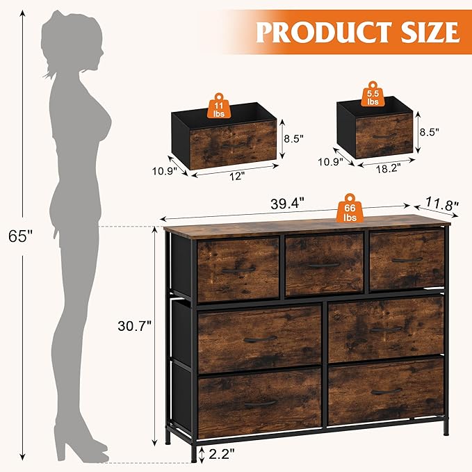 WelFurGeer 7-Drawer Fabric Dresser with Metal Frame, Dressers & Chests of Drawers, White Chest of Drawers for Bedroom, Hallway, Entryway, Closets, Kids Room Organization, Brown