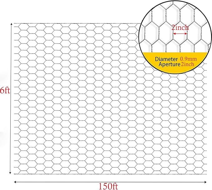 Galvanized Poultry Wire Netting 2" Hexagonal Mesh Wire Fence Suit for Family Craft Projects Chicken Netting Garden Fencing Backyard Fencing (6ft x 150ft)