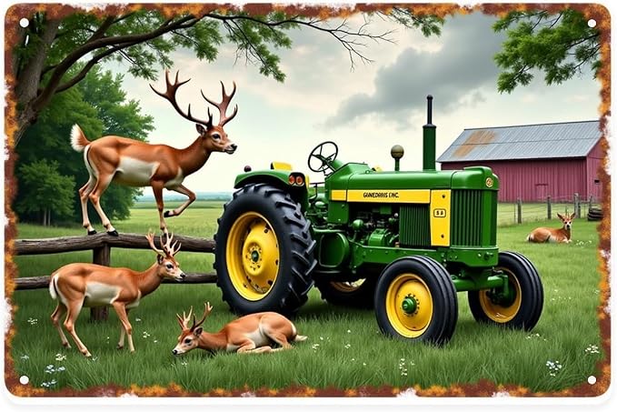 Deer And Tractor Vintage Farm And Wildlife Metal Sign Print Aesthetic for Garden Yard Bar Porch Home Bedroom Kitchen Wall Decor Gift 8 X 12 in