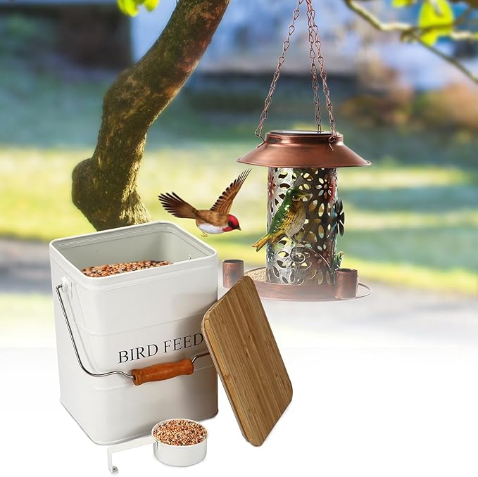 Morezi Bird Treat and Food Storage tin with Wooden lid and Scoop Included - White Powder - Carbon Steel - Birds Food bin - pet Food Container Storage Canister