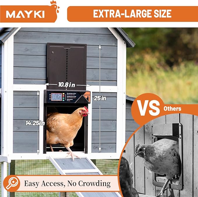 MAYKI Automatic Chicken Coop Door Solar Powered, Accessories Extra-Large with 4 Auto Modes (Timer & Light Sensor), Anti-Pinch, Waterproof Cold Weather, FCC/CE/RoHs Certified, Aluminum Build, M Black