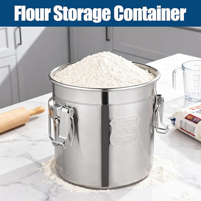 3.17Gal/12L Stainless Steel Airtight Canister, Airtight Food Storage Container with Lid and Lock Clips, 304 Stainless Steel Bucket for Rice, Flour, Grain, Coffee Bean