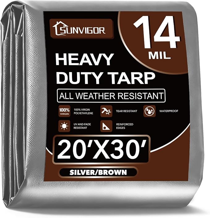 Sunvigor Tarp Waterproof 20x30Ft, Extra Thick 14 Mil Heavy Duty Tarp Cover, Tear & Fade Resistant, Outdoor Tarps with Brass Grommets and Reinforced Edges for Roof, Camping, Patio, Boat (Silver/Brown)