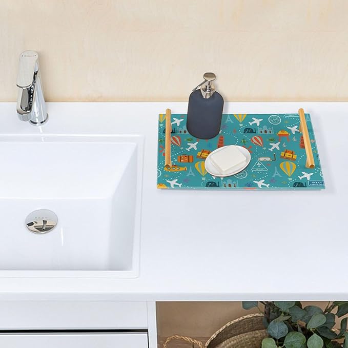 Bathroom Vanity Tray Counter Organizer, Ocean Exploration Travel Pattern Decorative Tray with Handles Countertop Storage for Bathroom Bedroom Kitchen Home Farmhouse