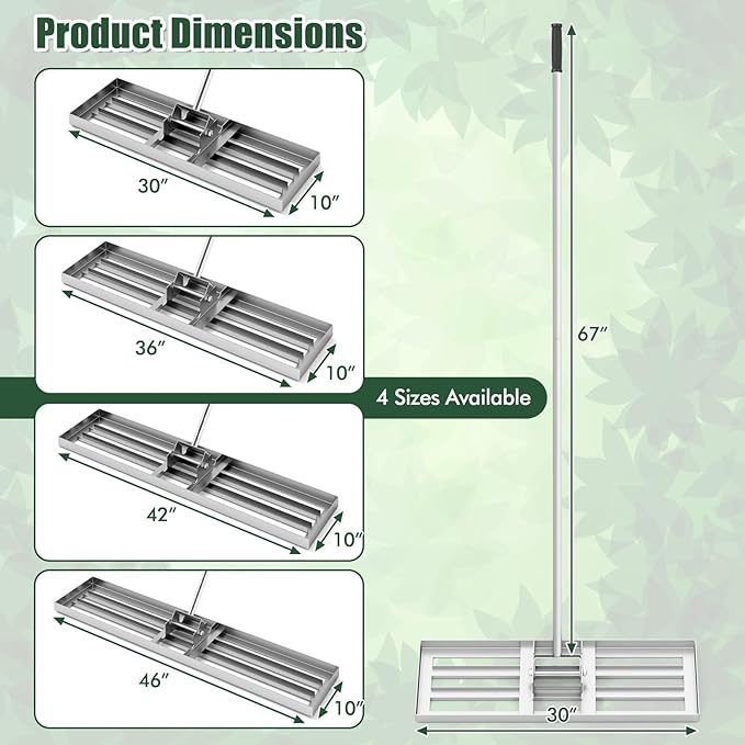Happygrill Lawn Leveling Rake, Heavy Duty Lawn Level Tool for Soil w/67” Handle, Dirt Ground Leveler, Effort-Saving Landscape Rake for Garden, Backyard, Golf Course, Farm, Pasture (30" x 10", Silver)