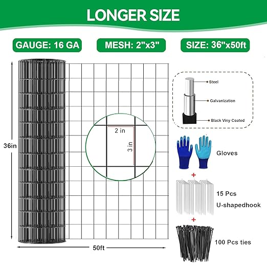 Welded Wire Fence 36inch x 50ft, 2inch x 3inch Black Chicken Wire Fencing, 16Gauge PVC Coated Garden Wire Fence Rolls, Anti-Rust Metal Fencing for Yard Plant Protection Poultry Netting