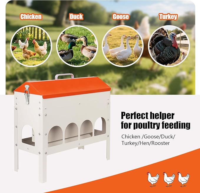 JLUHYANN15Lb Automatic Chicken Feeder, Metal Chicken Feeder with10 Feeding Port and Adjustable Legs No Waste Poultry Feeder Trough for Chickens Geese Ducks Turkeys Quails