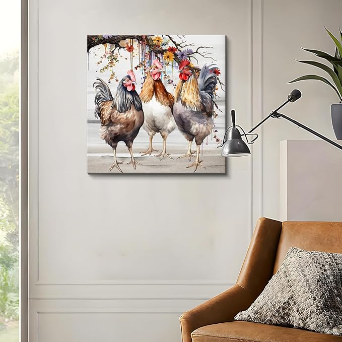 Framed Chicken Wall Art 16x16 Inch Rooster on Flower Stand Canvas Print Farmhouse Country Style Artwork for Kitchen Living Room Rustic Home Wall Decor (Three roosters, 20L×20W)
