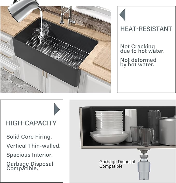 Black Farmhouse Sink 33 x 20 Inch, Firecaly Apron Front Undermount Farm Sink, Single Bowl, with Accessories 2 Types, Matte Black, for Kitchen